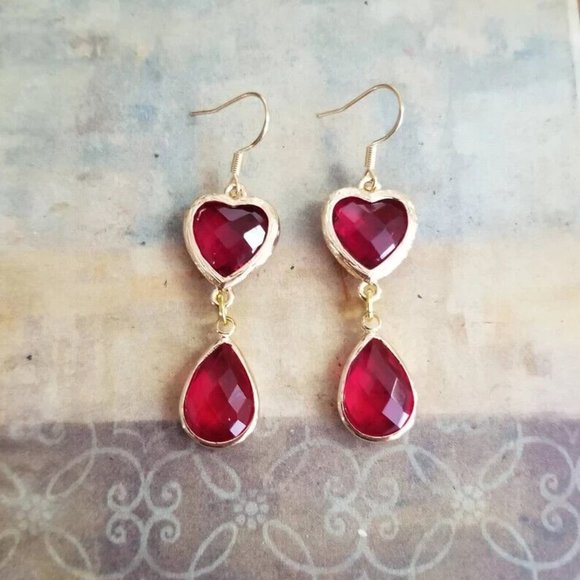 14k Gold Ruby Earrings Teardrop Heart Simulated Ruby Dangle Earrings Statement - Picture 2 of 5